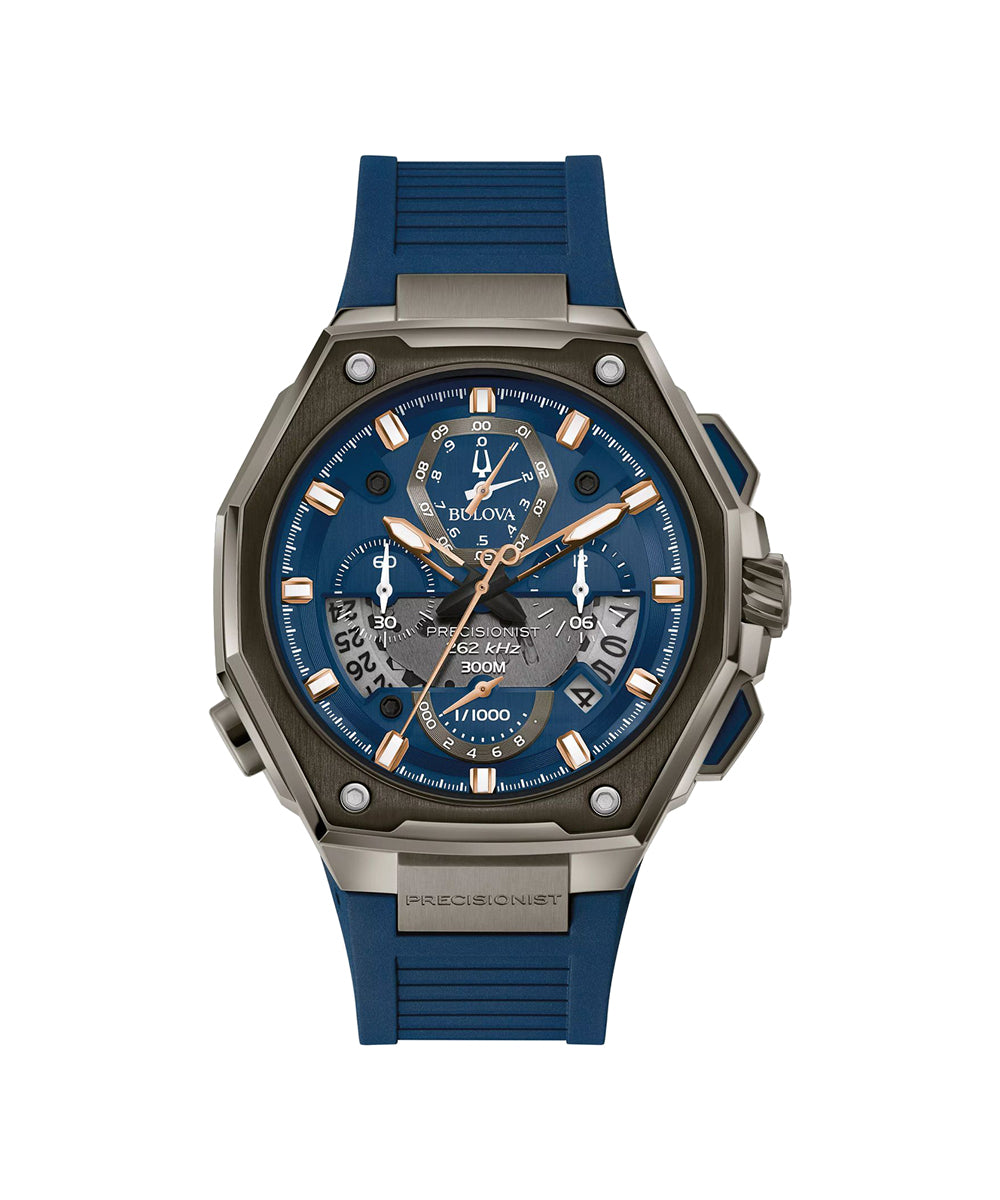 Blue and silver watch with detailed face on a white background