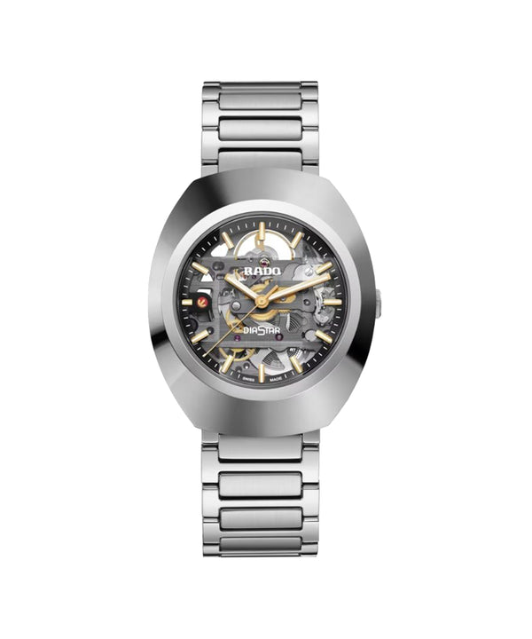 Silver Rado watch with a detailed face on a white background