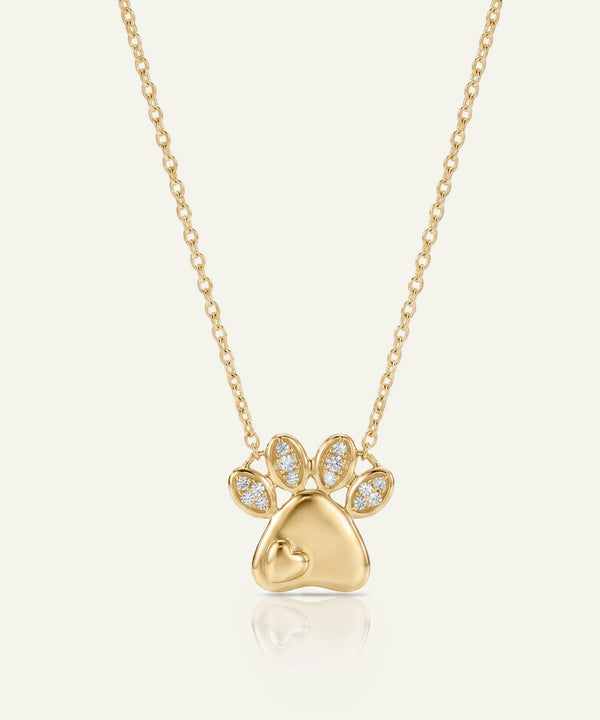 Gold necklace with a paw-shaped pendant on a light beige background