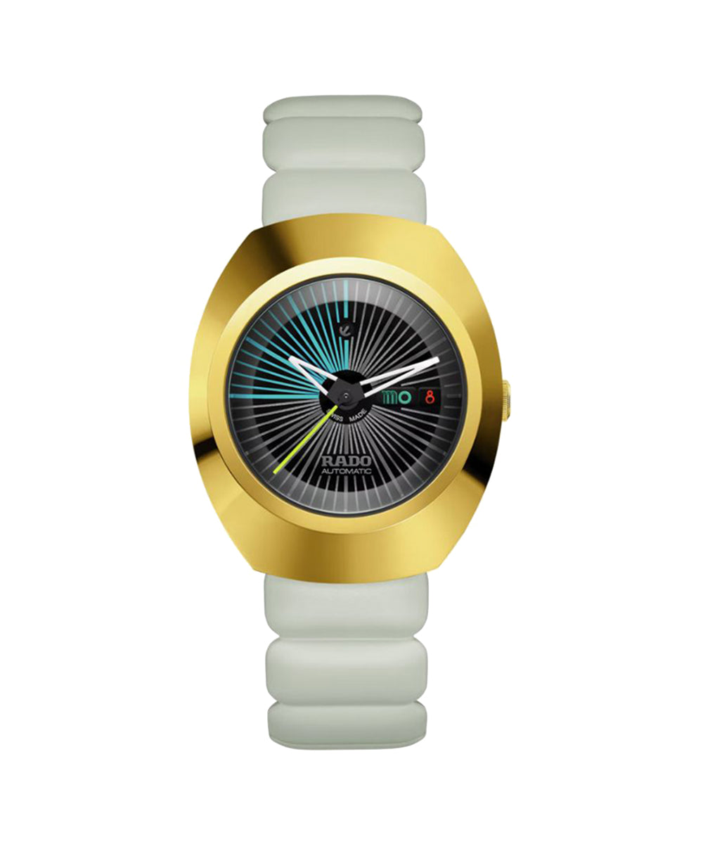 Gold and white watch with Rado logo on a white background