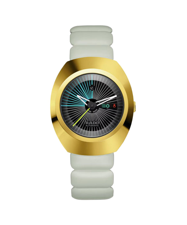 Gold and white watch with Rado logo on a white background