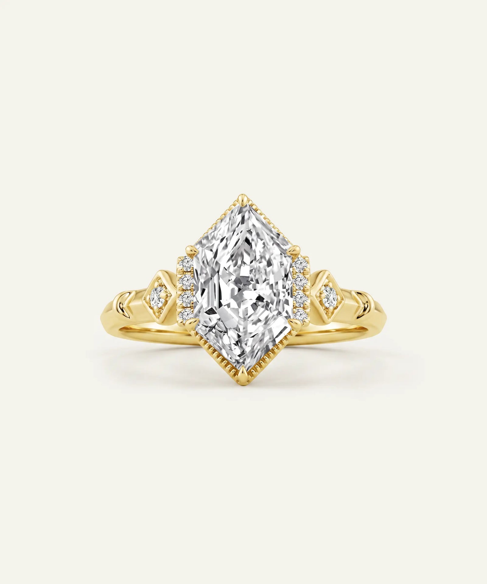 A yellow gold ring featuring a large marquise-cut diamond center stone surrounded by smaller round diamonds, set on a split shank with decorative side details, shown on a light cream background.