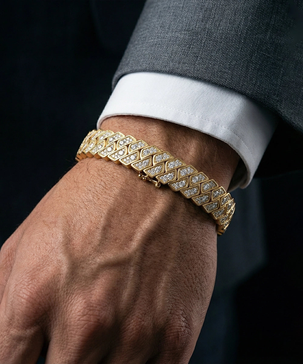 Gold bracelet on a wrist with a dark suit background