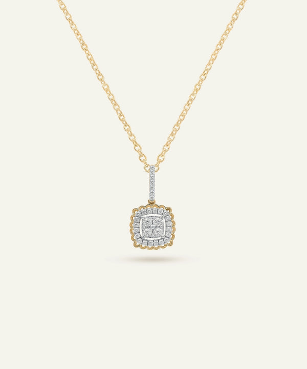 Gold necklace with a square pendant on a light beige background