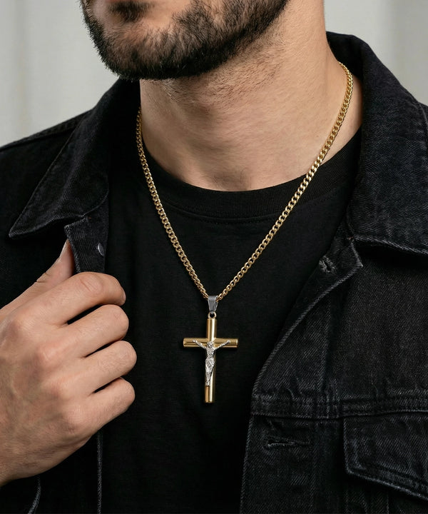 Link N Lock® Stainless Steel Two-Tone Jesus and Cross Pendant with 24 inch Curb Chain