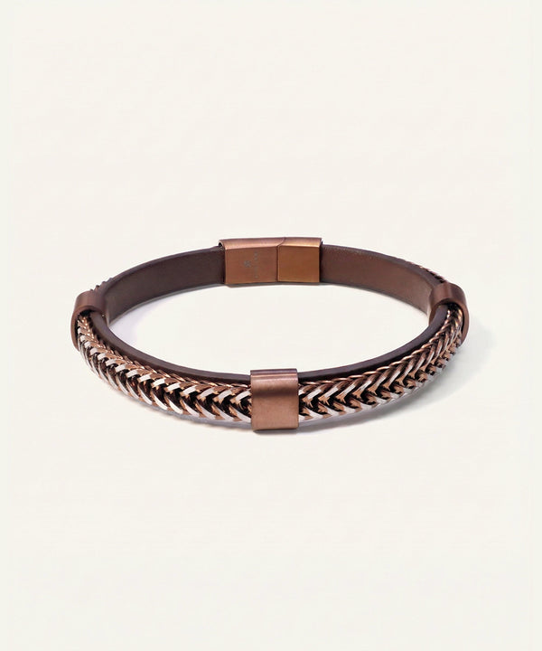 Bracelet with braided design and metallic clasp on a light background