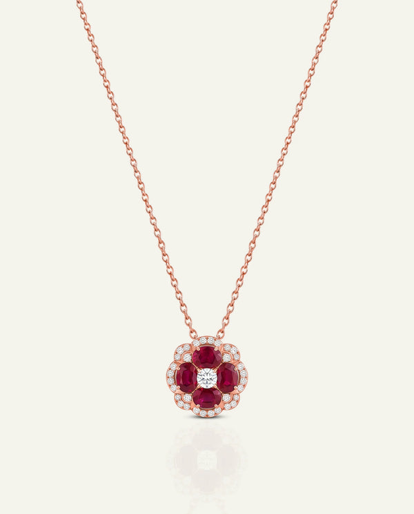 Aanika V. Ruby & Diamond Flower Halo Pendant