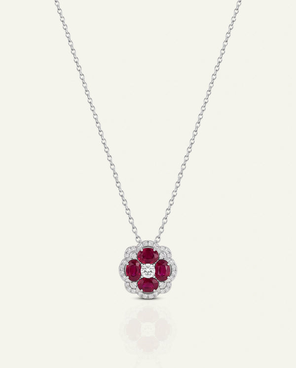 Aanika V. Ruby & Diamond Flower Halo Pendant