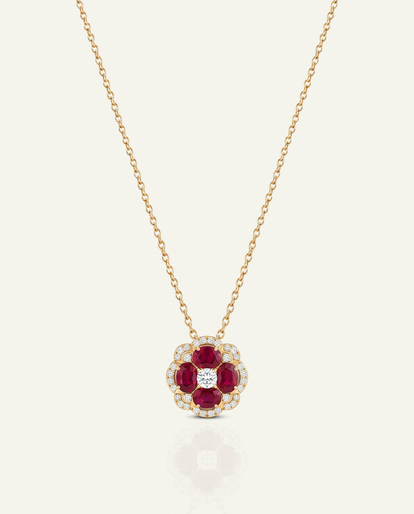 Aanika V. Ruby & Diamond Flower Halo Pendant
