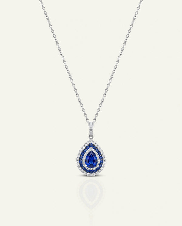 Aanika V. Sapphire & Diamond Double Halo Drop Pendant