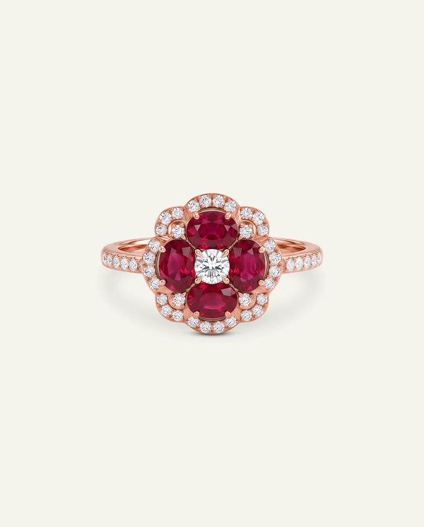 Aanika V. Ruby & Diamond Flower Halo Ring