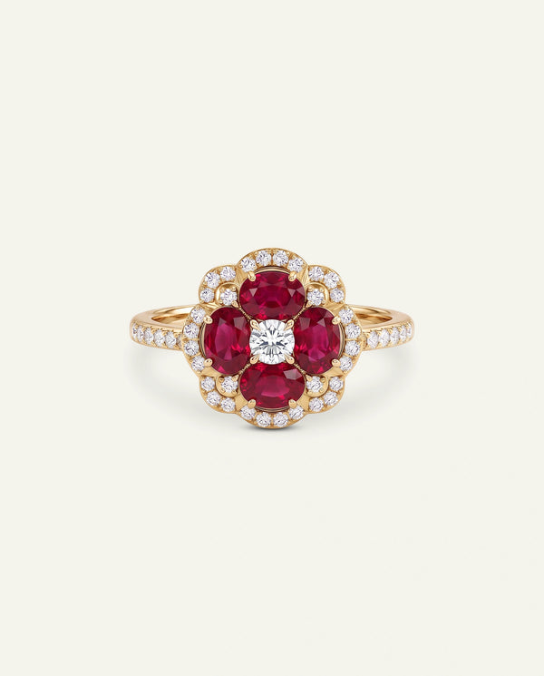 Aanika V. Ruby & Diamond Flower Halo Ring