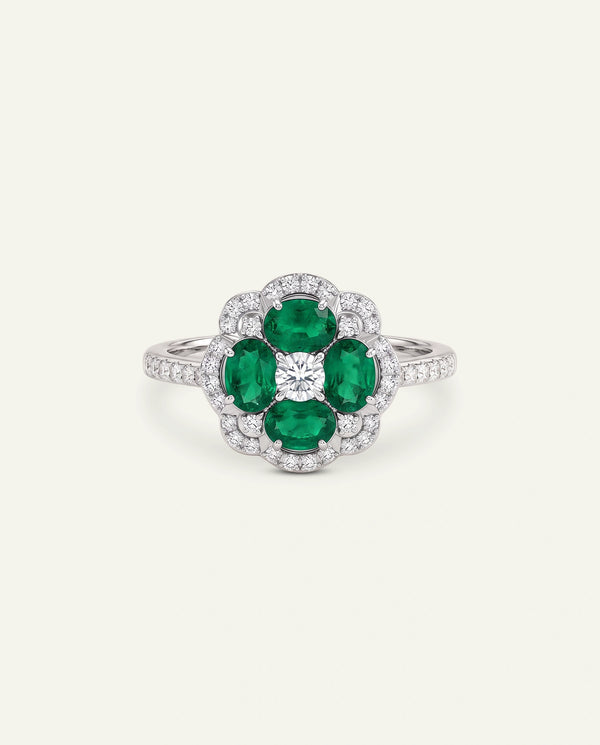 Aanika V. Emerald & Diamond Flower Halo Ring
