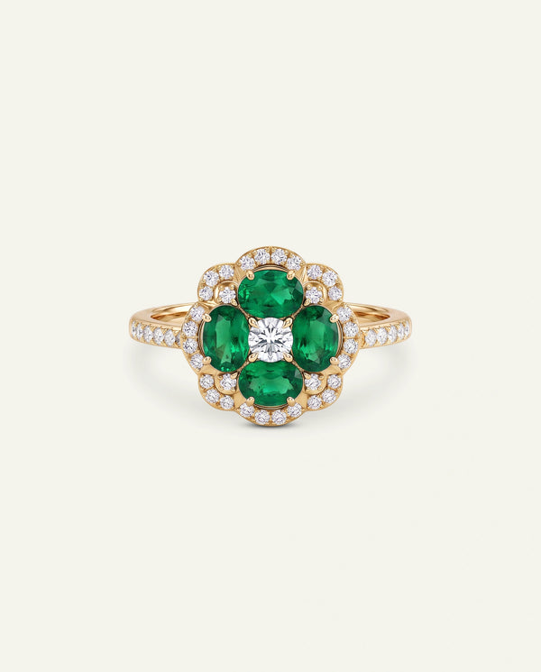 Aanika V. Emerald & Diamond Flower Halo Ring