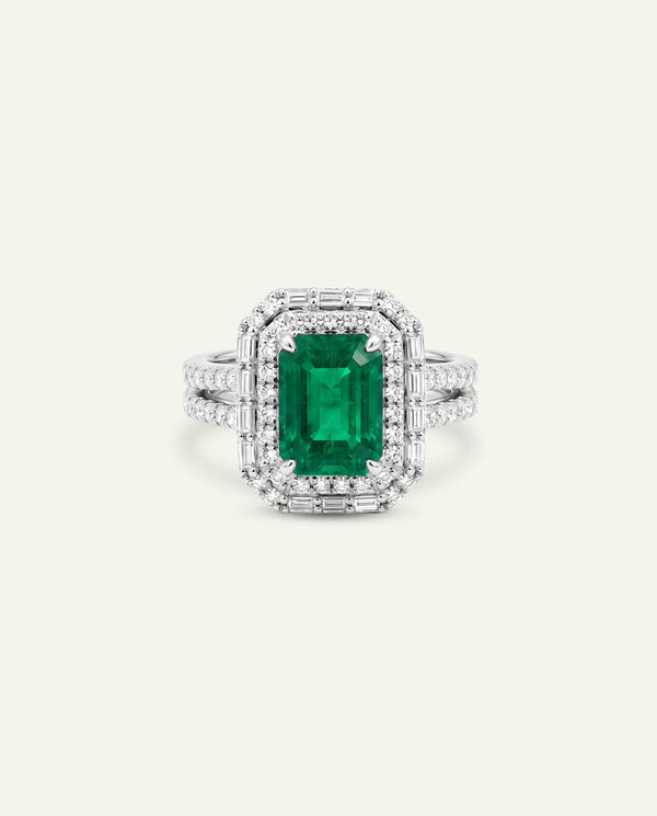 Aanika V. Emerald & Diamond Double Halo Ring