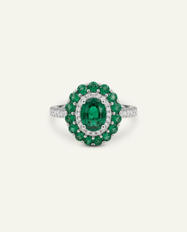 Aanika V. Emerald & Diamond Double Halo Ring