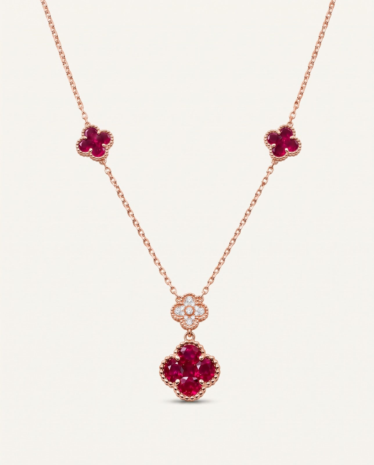 Aanika V. Ruby & Diamond Clover Flower Shape Necklace