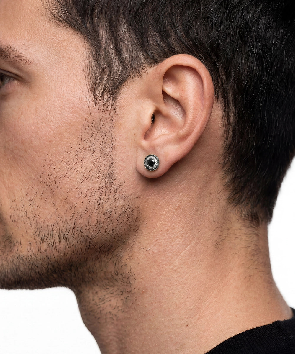 Side view of Link N Lock® silver black diamond stud earrings
