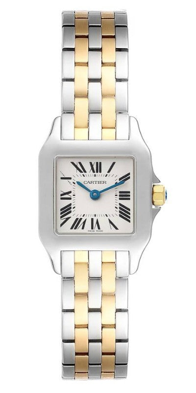 Cartier watch with a silver-toned stainless steel case and a two-tone silver and gold link bracelet, featuring a white dial with black Roman numerals and blue hands.