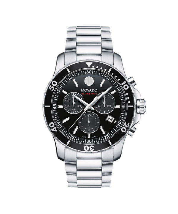 Silver Movado watch with black dial on a white background