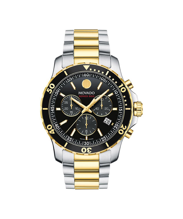Movado watch with black face and gold accents on a white background