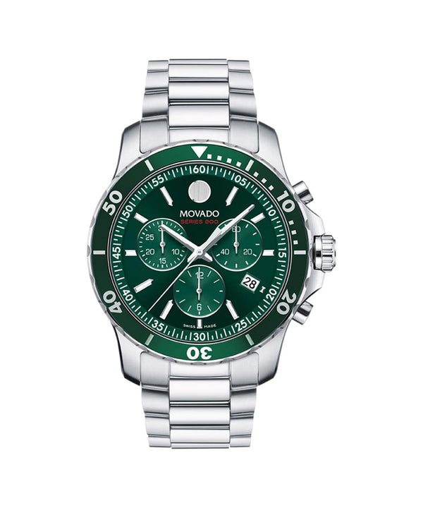 Movado watch with green dial and silver bracelet on a white background