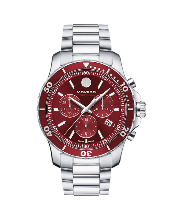 Movado watch with red face and silver bracelet on a white background