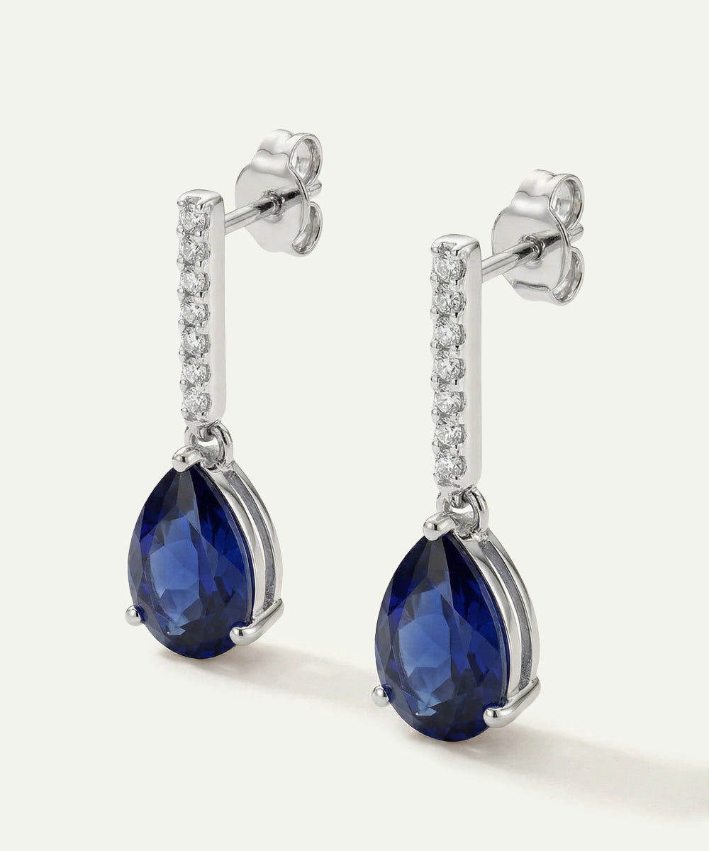 Pair of silver earrings with blue gemstones on a white background