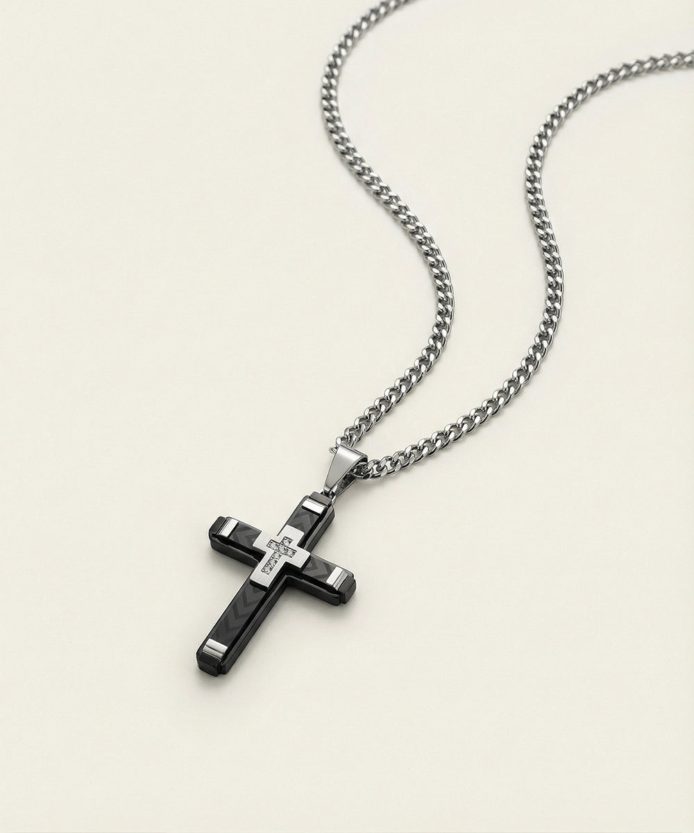 Link N LockÂ® Men's White Cubic Zirconia Stainless Steel Cross Pendant with 24 inch Curb Chain
