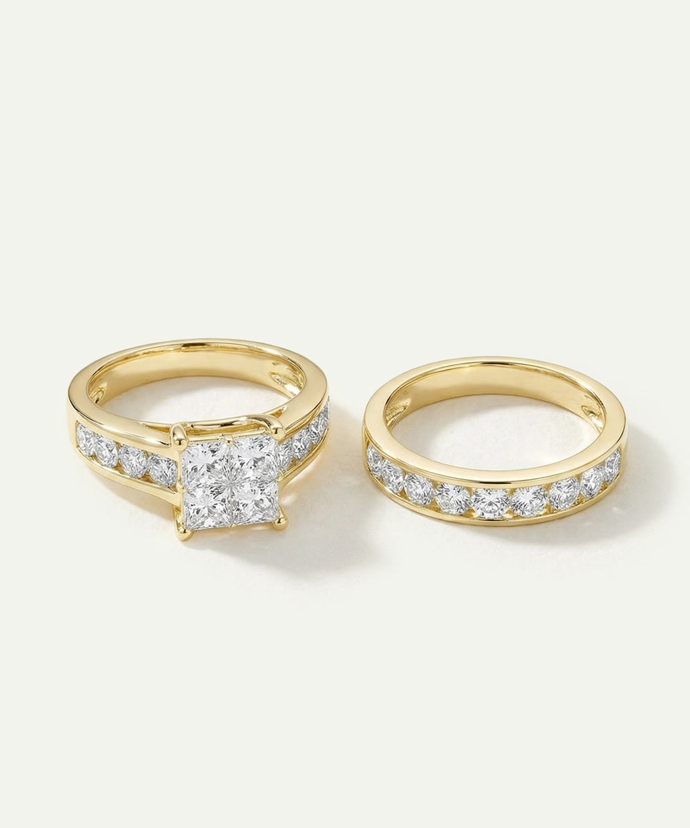 Two gold rings with diamond accents on a light gray background