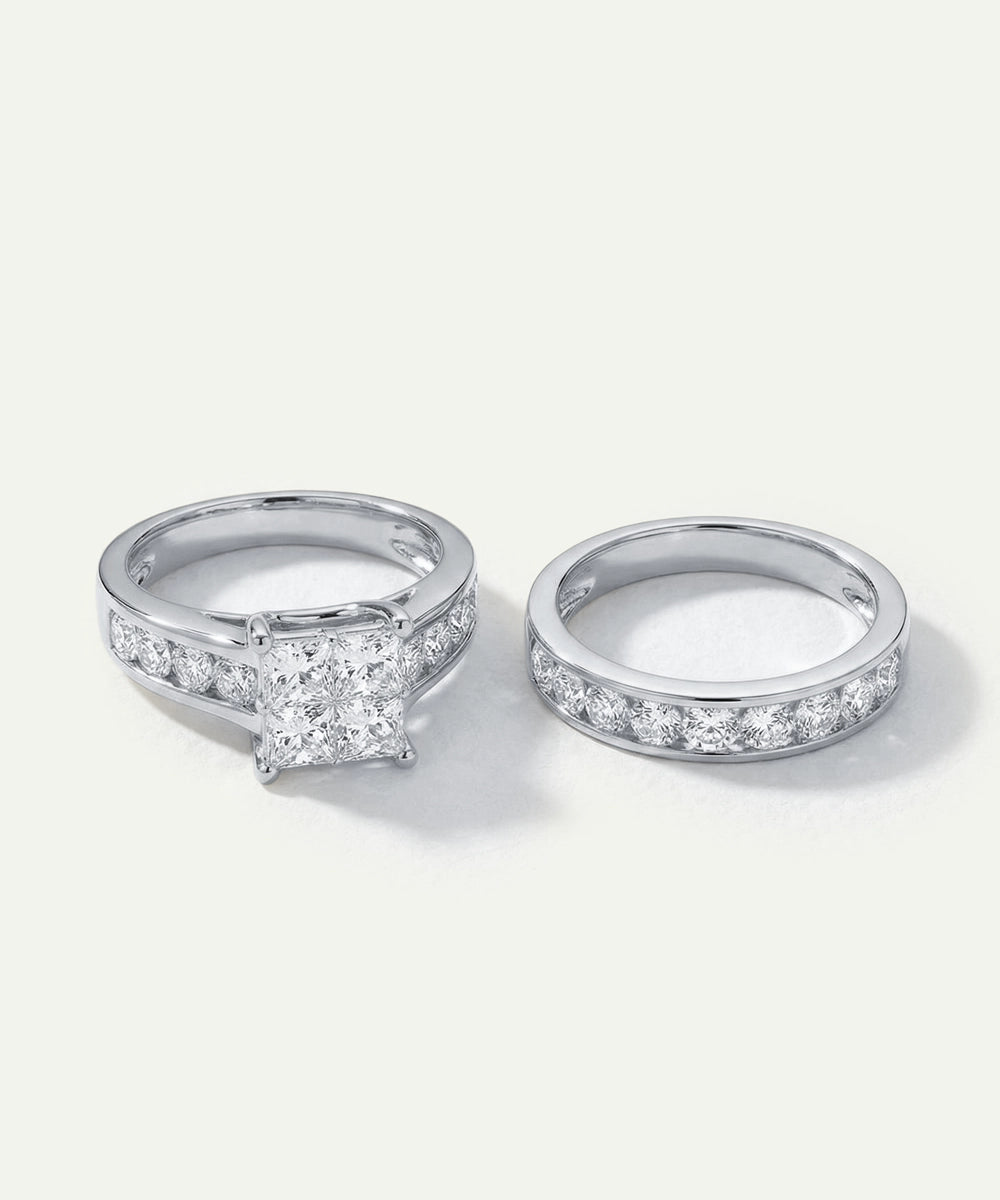 Yellow gold quad princess-cut diamond bridal engagement ring and band set.