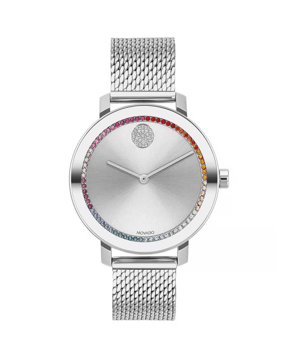 Silver watch with colorful gemstones on a white background