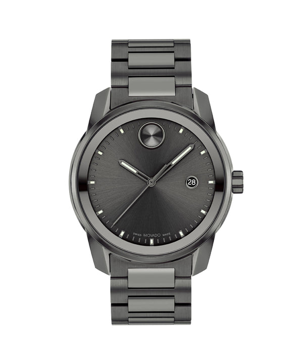 Gray wristwatch with a metallic band on a white background