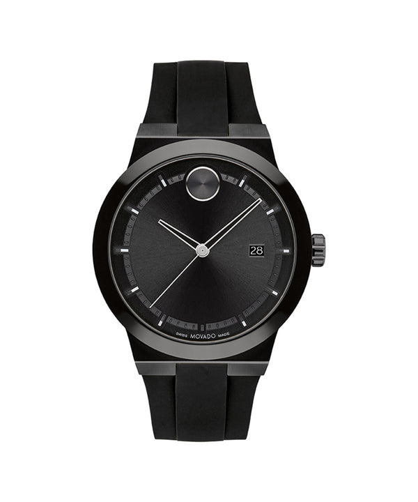 Black wristwatch with a detailed face on a white background