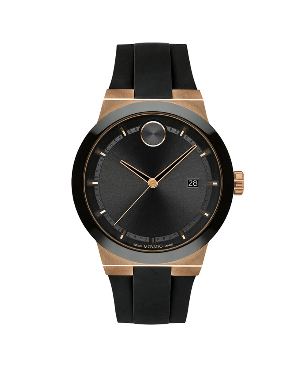 Watch with black strap and rose gold case on a white background