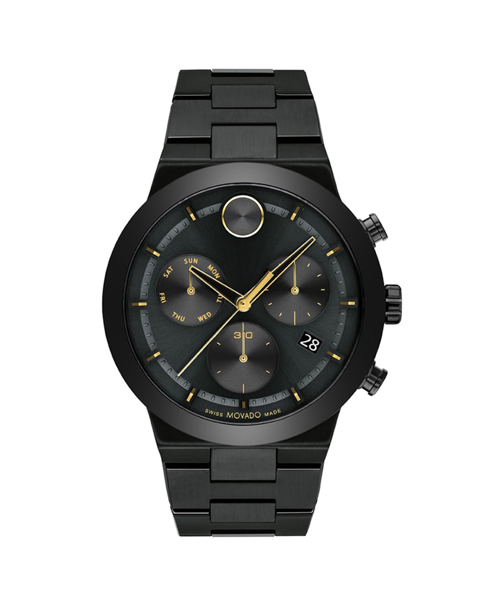 Black watch with gold accents on a white background
