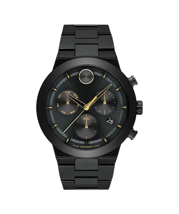 Black watch with gold accents on a white background