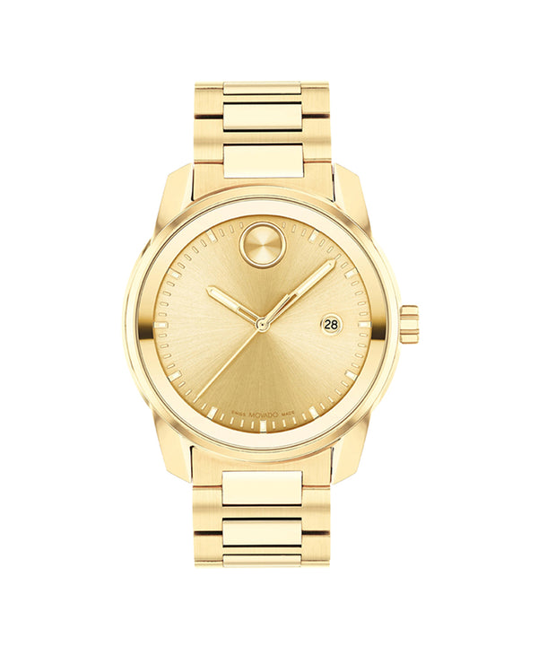 Gold wristwatch with a white background