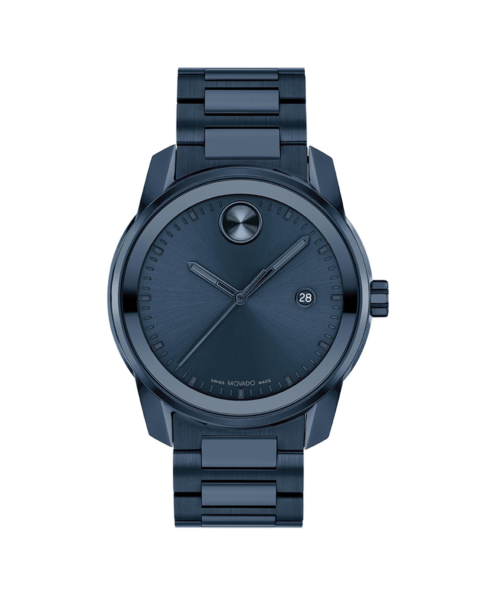 Blue wristwatch with a metallic finish on a white background