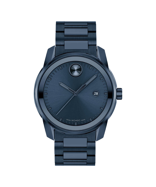 Blue wristwatch with a metallic finish on a white background