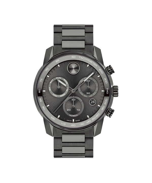 Black wristwatch with detailed face on a white background