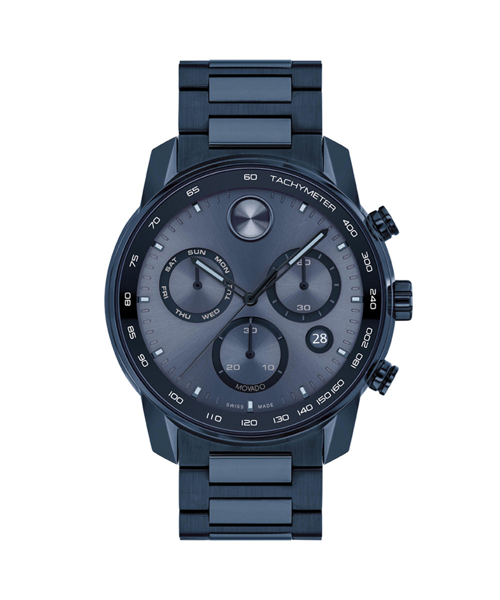 Blue wristwatch with a detailed face on a white background
