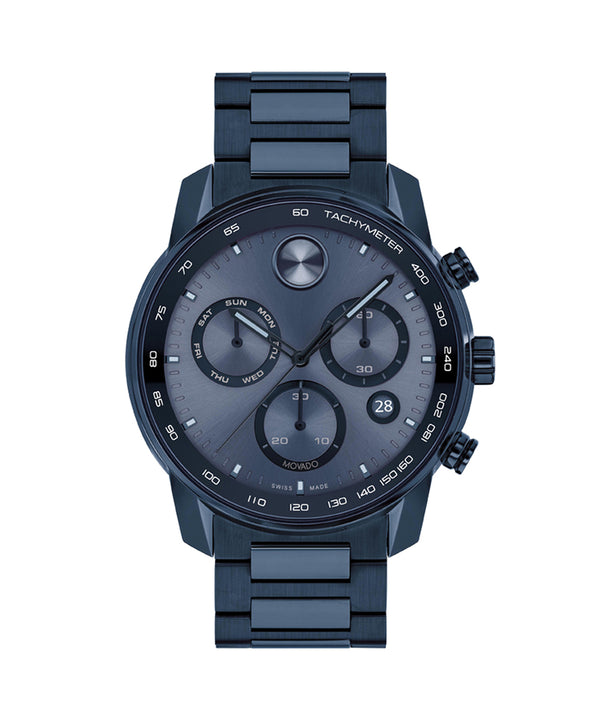Blue wristwatch with a detailed face on a white background