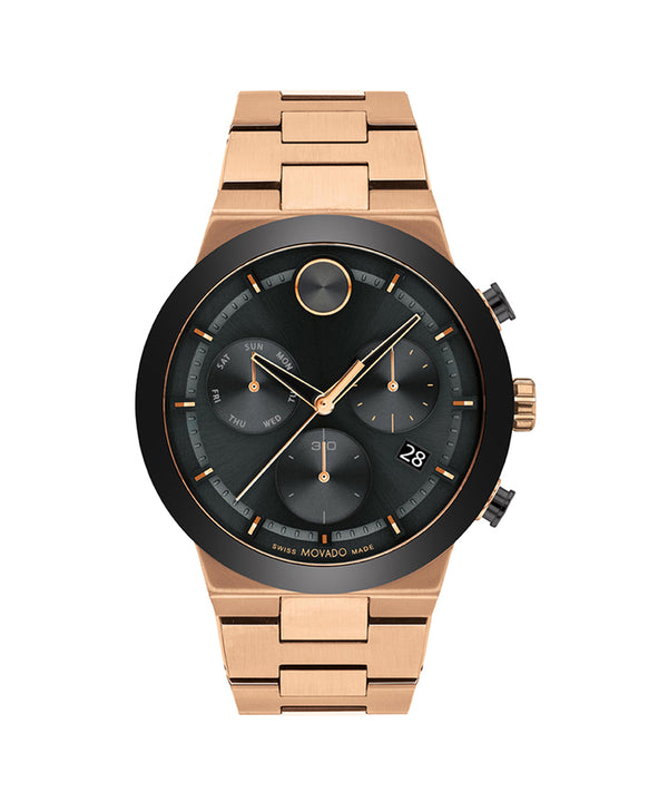 Rose gold watch with black face on a white background