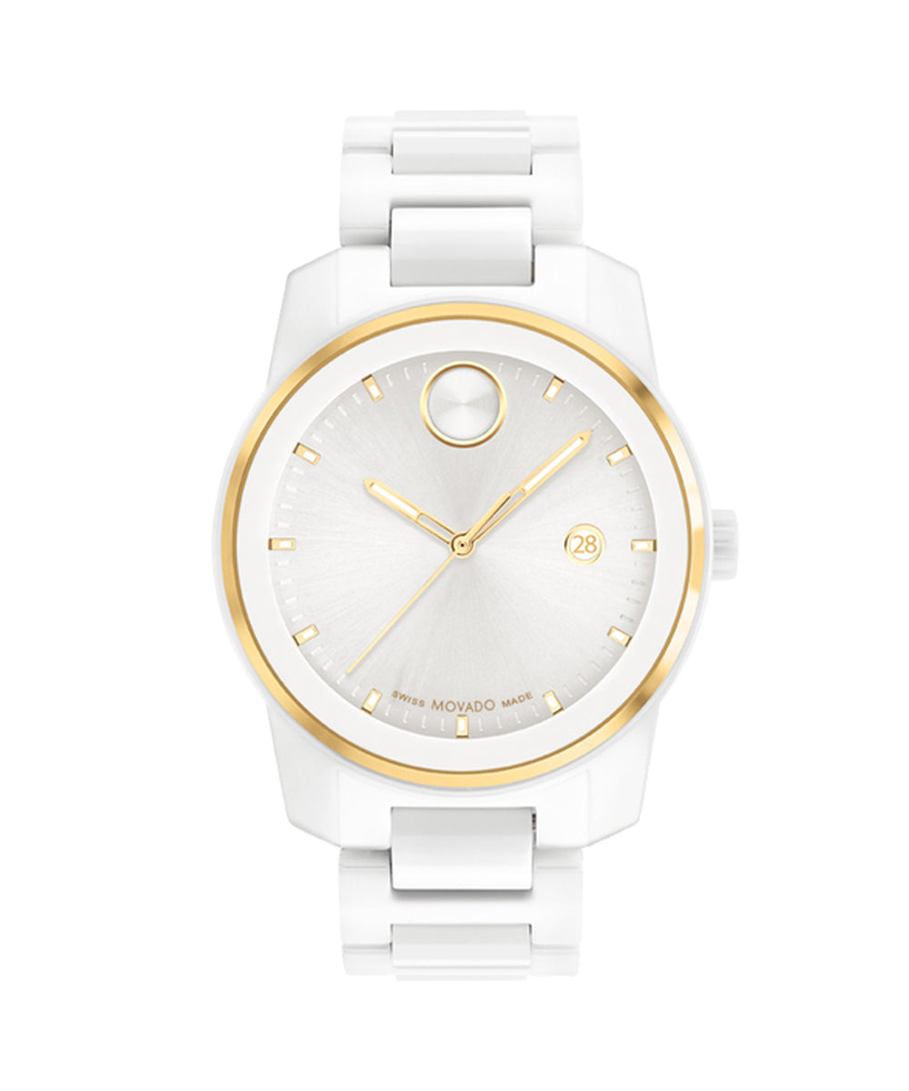 White and gold watch with a white background