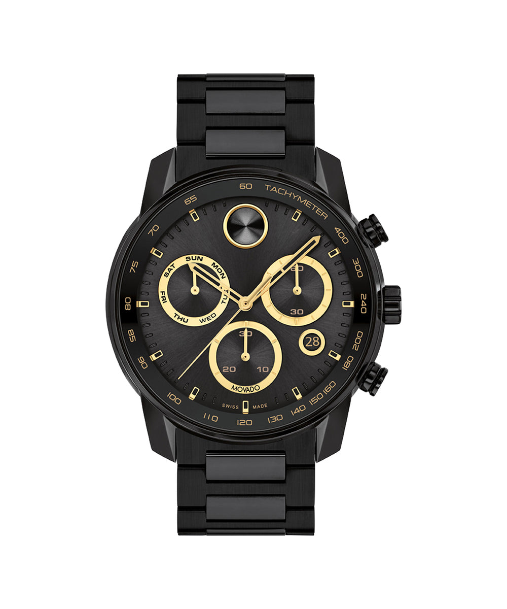 Black and gold watch on a white background