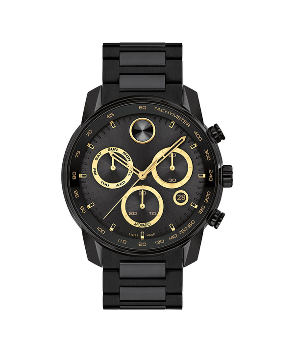 Black and gold watch on a white background