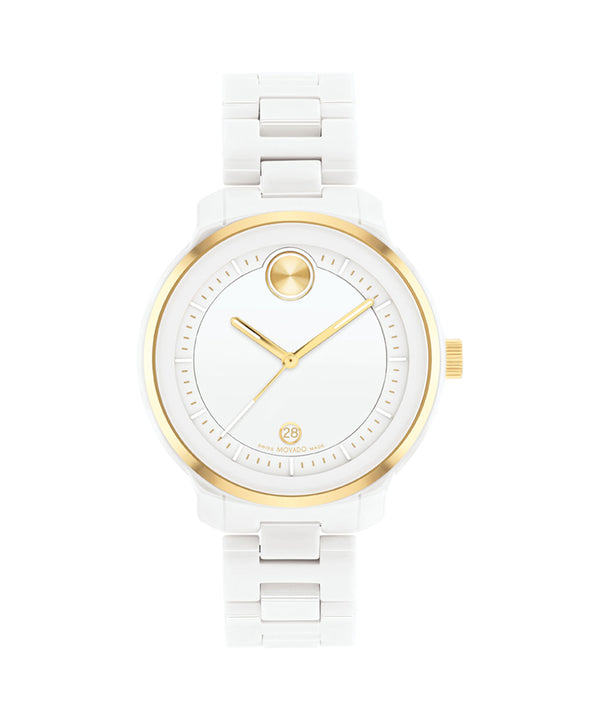 White watch with gold accents on a white background
