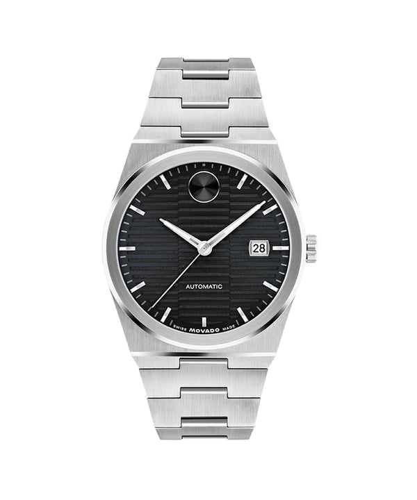 Silver watch with black dial on a white background