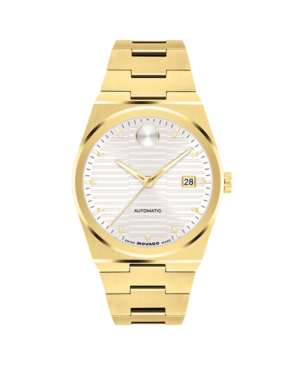Gold wristwatch with a white face on a white background